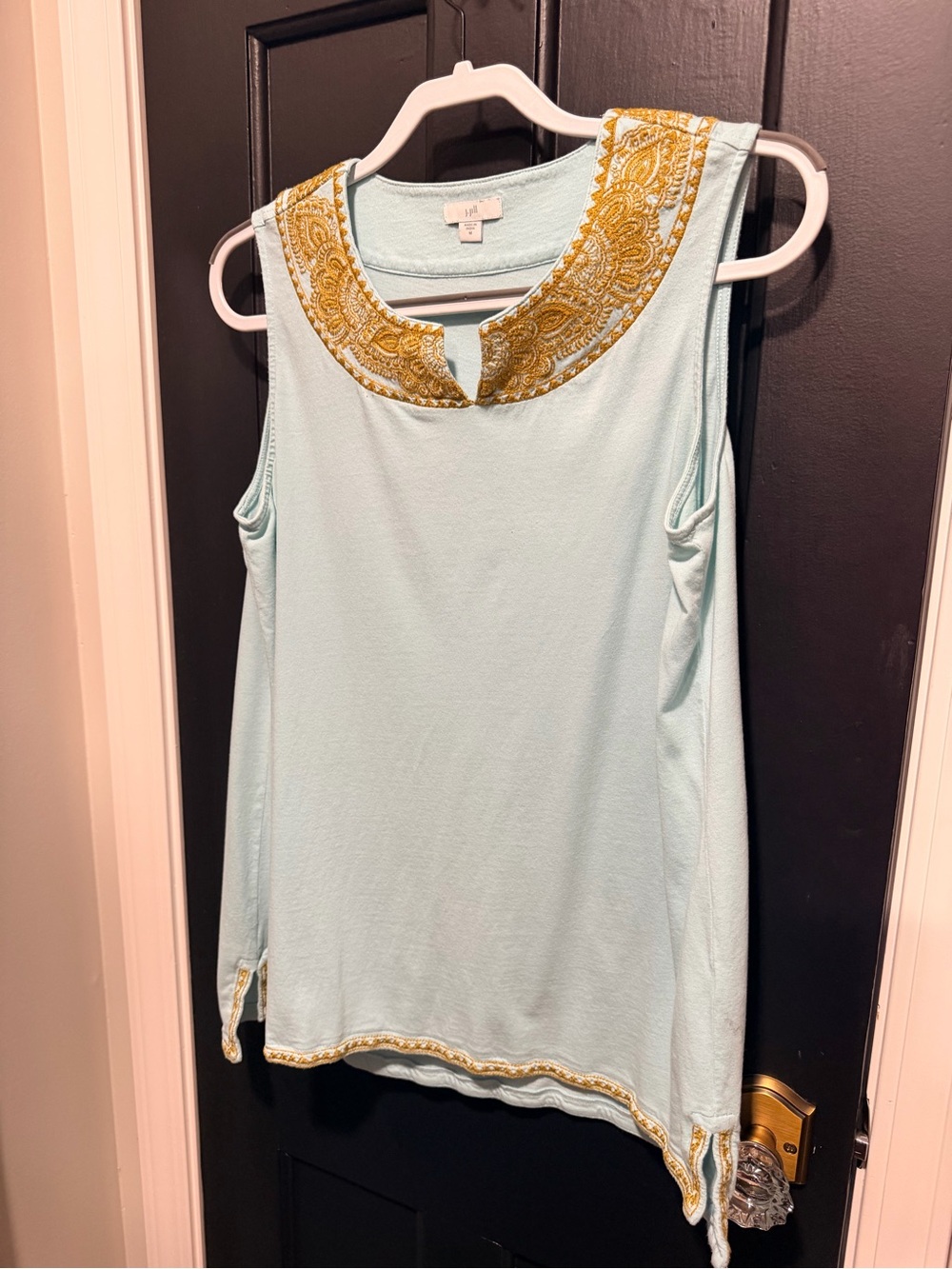 J. Jill Aqua Blue Tank with Gold Embroidered Neckline